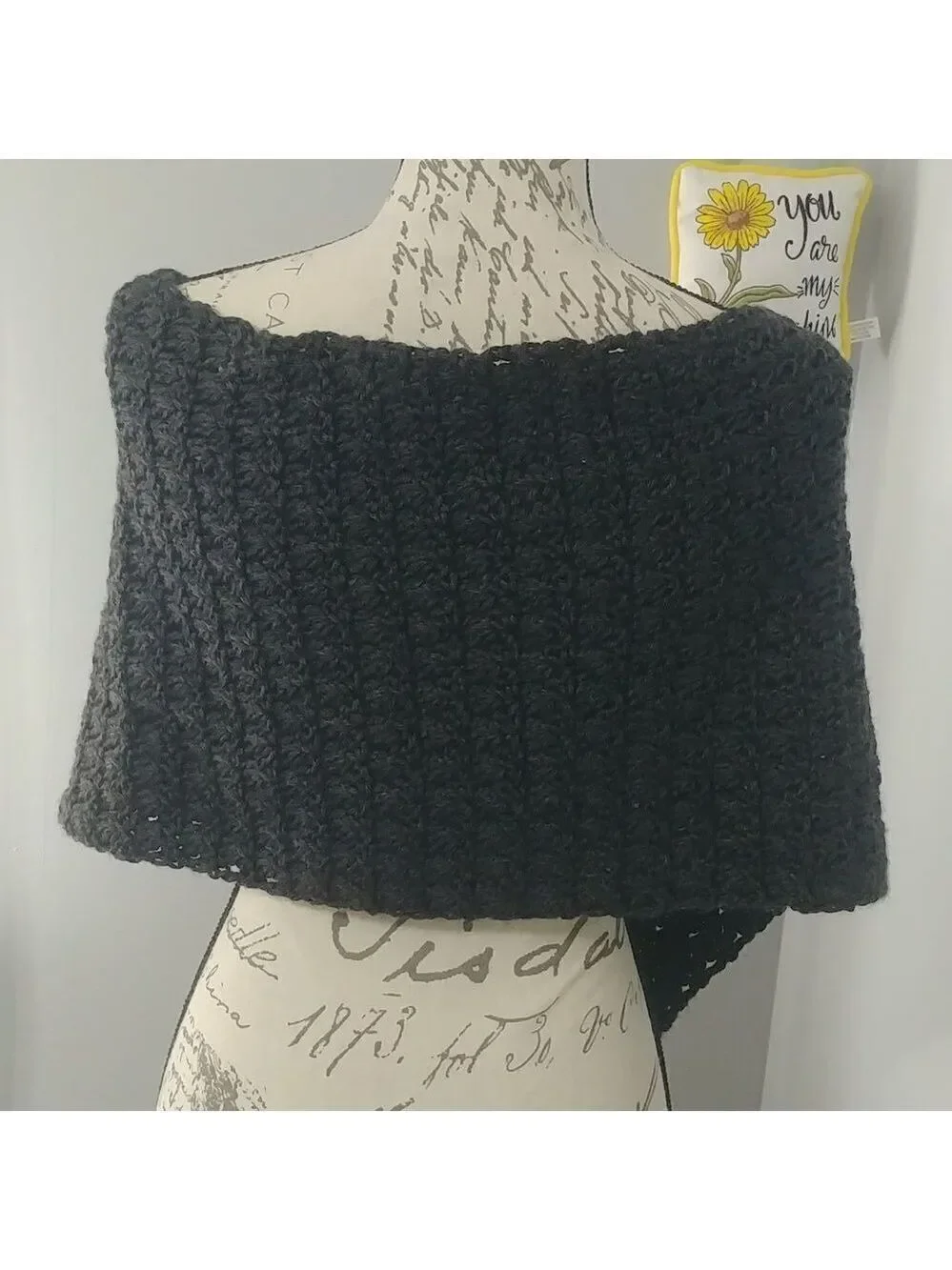 Handmade Crocheted Warm Simple Dark Grey Poncho S/M
